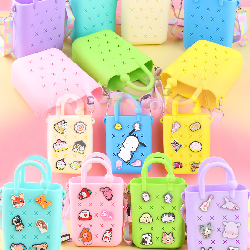 Mini Rubber Tote Bag Silicone Beach Tote for Little Girl Woman Cute Bogg Bag with Charms and Adjustable Shoulder Strap